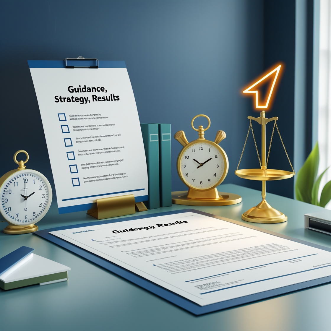 Leonardo_Phoenix_10_A_modern_minimalistic_law_office_desk_scen_0 papers, scale, clock indicating a law firm setting