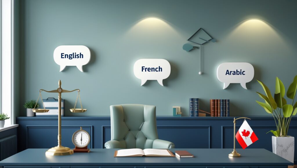 lawyer office with English Arabic, and French in wall indicating multilingual office